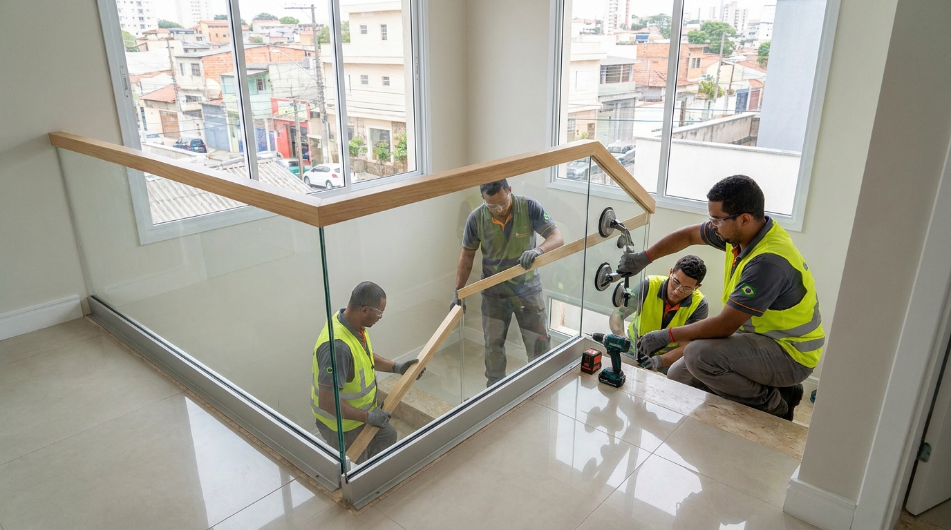 Mezanino interno com guarda-corpo de vidro em Ponta Grossa-PR